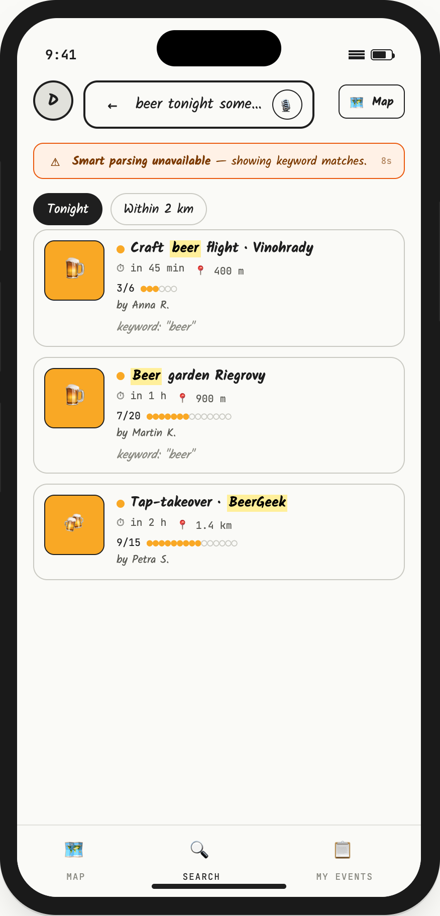 Wireframe: the model is down, keyword matches shown with a banner